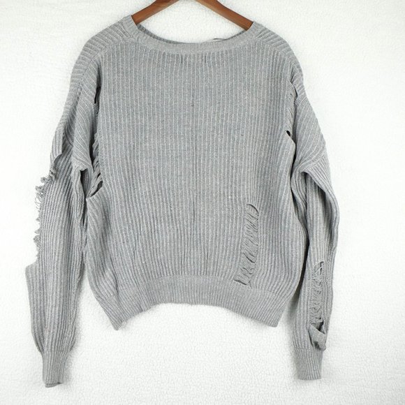 If It Were Me Sweater Womens Medium Gray Distressed Cropped Oversized Outdoor - Picture 4 of 9